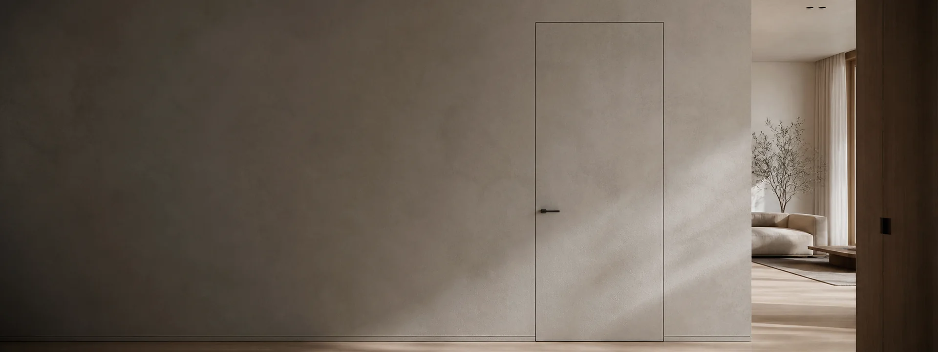 Minimalistyczne drzwi ukryte zlicowane z jasną ścianą