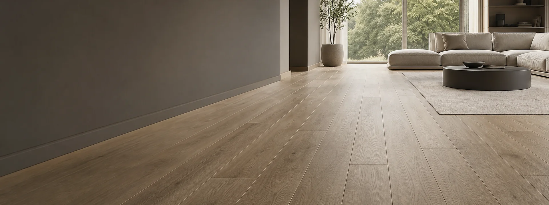 Salon z matową podłogą laminowaną o naturalnym rysunku drewna