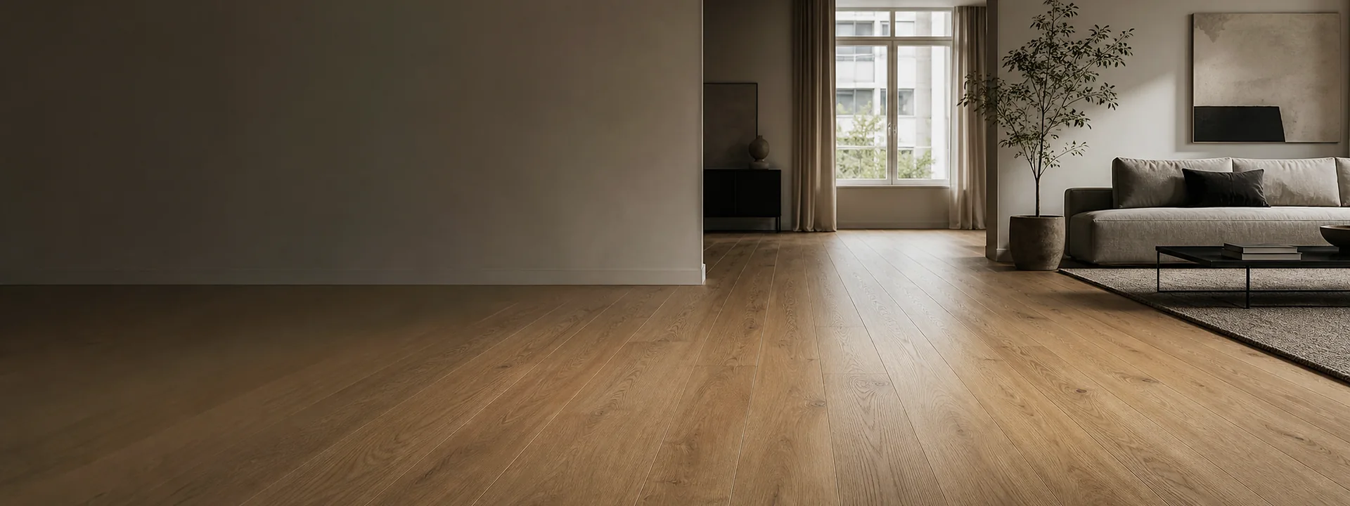 Nowoczesne wnętrze z naturalną drewnianą podłogą w szerokich deskach