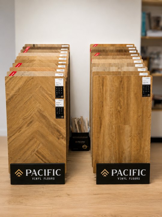 Dwa stojaki ze wzornikami paneli winylowych Pacific Vinyl Floors