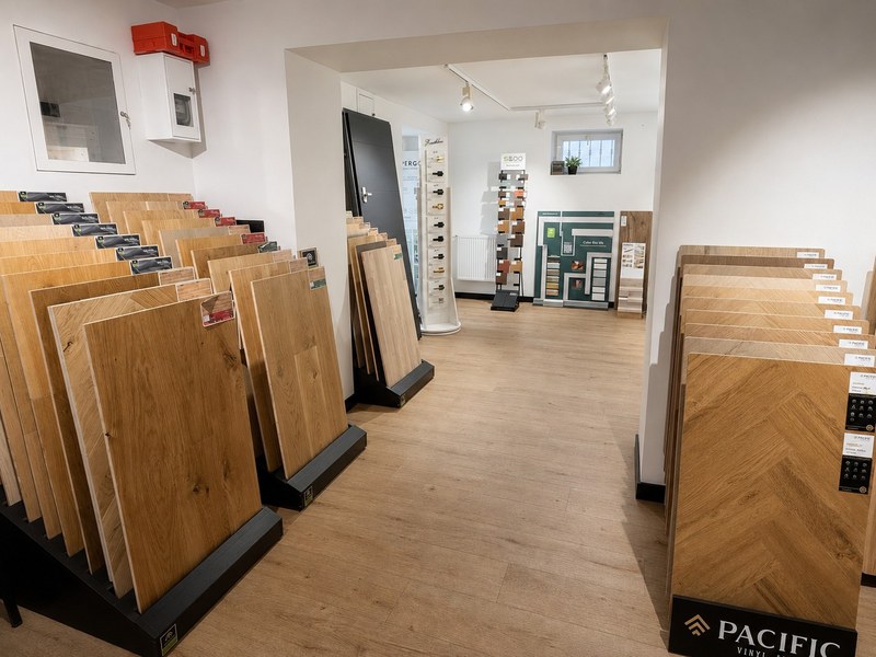 Wzory podłóg prezentowane na dużych próbkach w salonie
