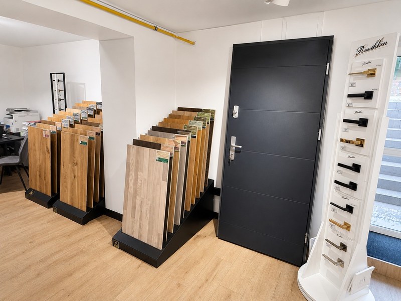 Ekspozycja drzwi, klamek i próbek podłóg w salonie Zip-Floors